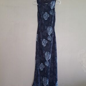 Sleeveless Navy Floral Maxi Dress with Blue Rose Print